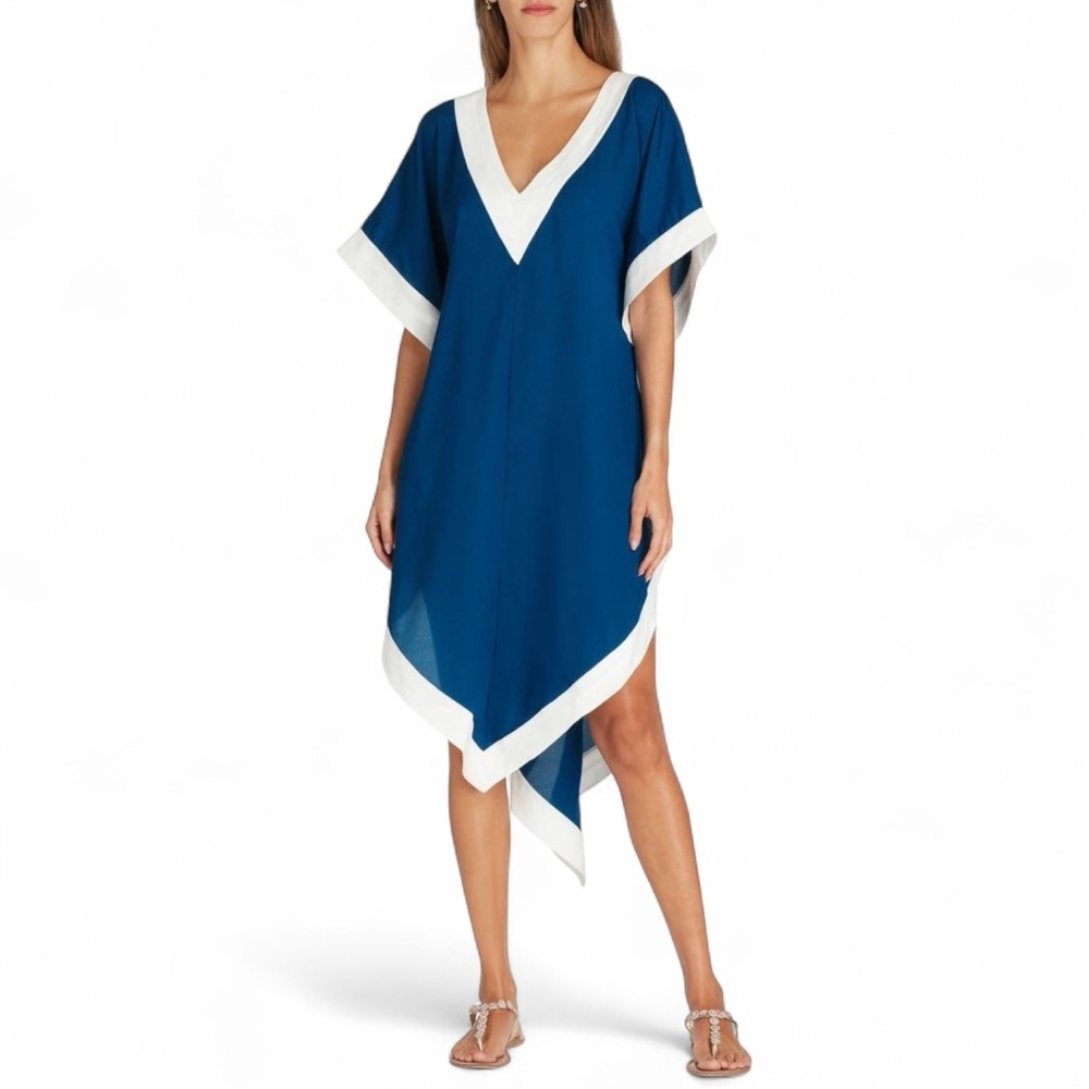 Valimare Aria High Low Crepe de Chine Cover Up Dress Blue White M Resortwear
